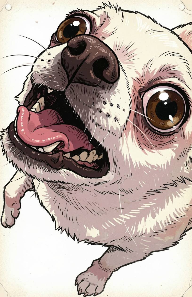 Comic illustration of Ragoo, a very excited white dog with giant brown eyes